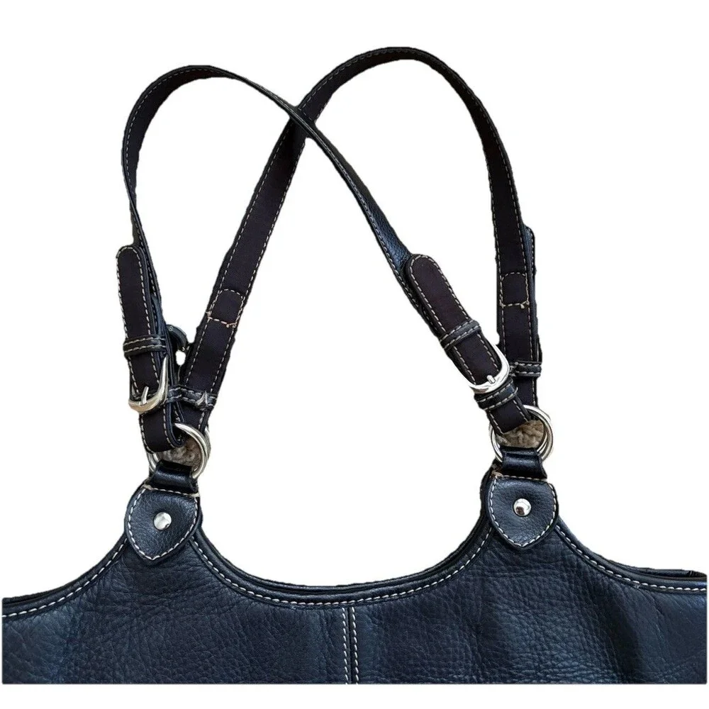 The Sak Black Pebbled Leather Shoulder Bag Buckles Silver Hardware Stitching